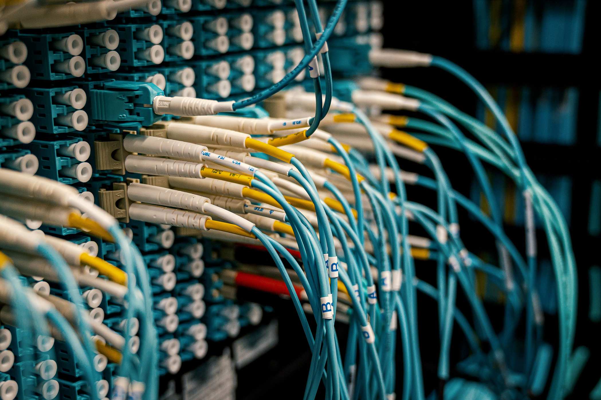 Server rack with network cables in a data environment